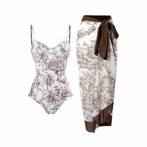 Brown and White Toile Swimsuit and Sarong Set